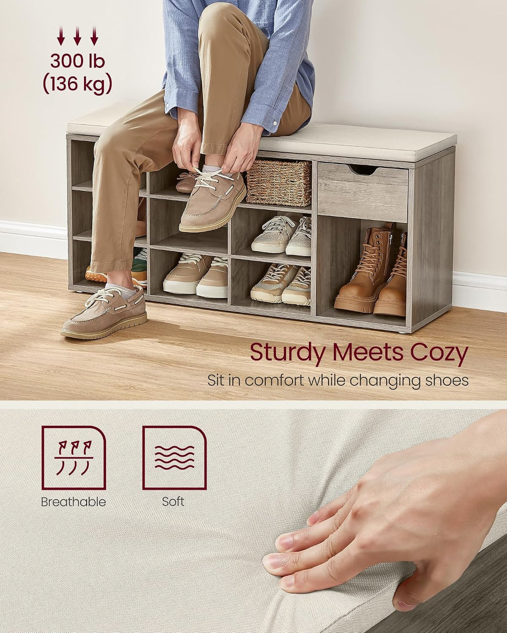 VASAGLE Shoe Bench with Cushion, Storage Bench, 10 Compartments