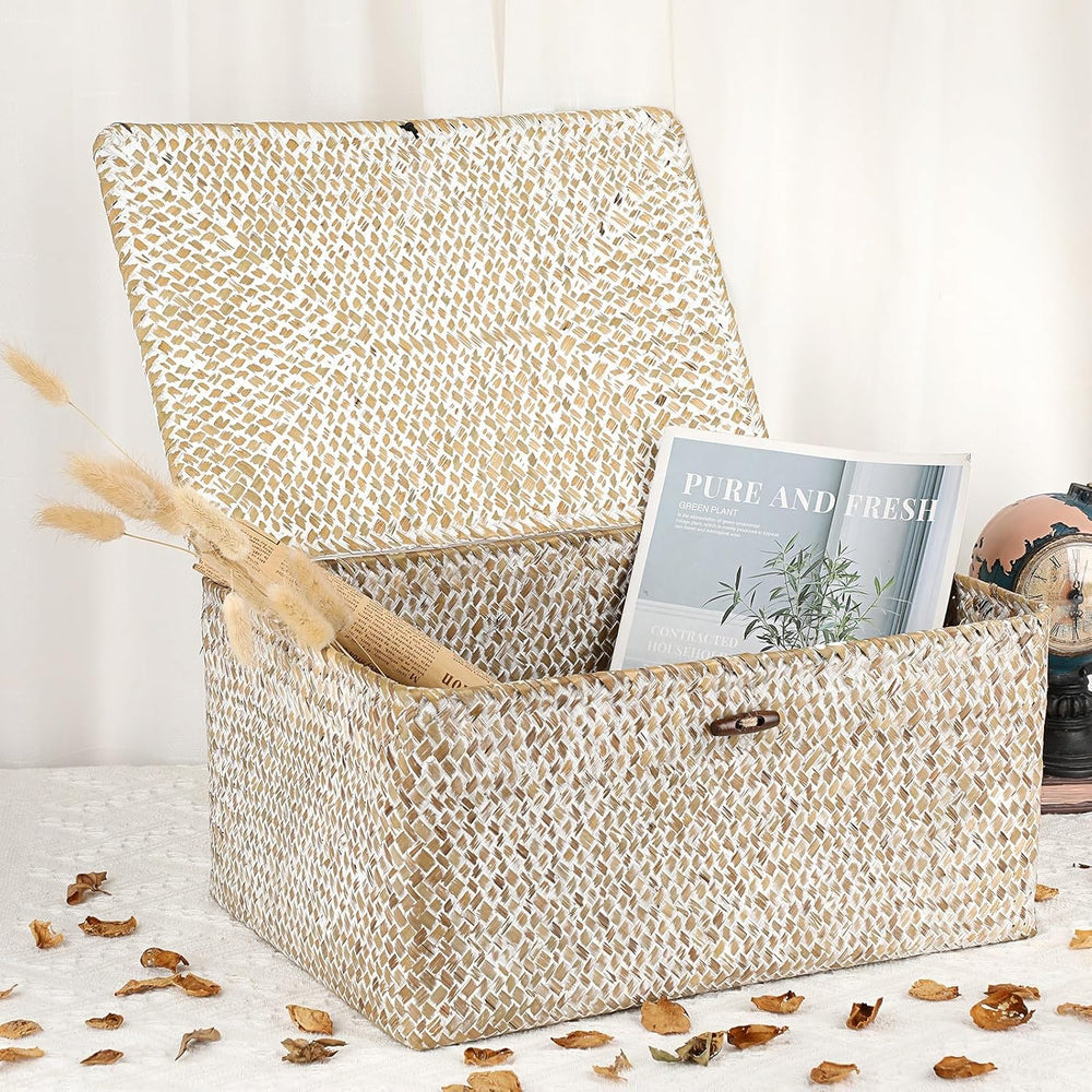 Hipiwe Wicker Woven Baskets Bin with Lid Seagrass Storage Basket, X-Large