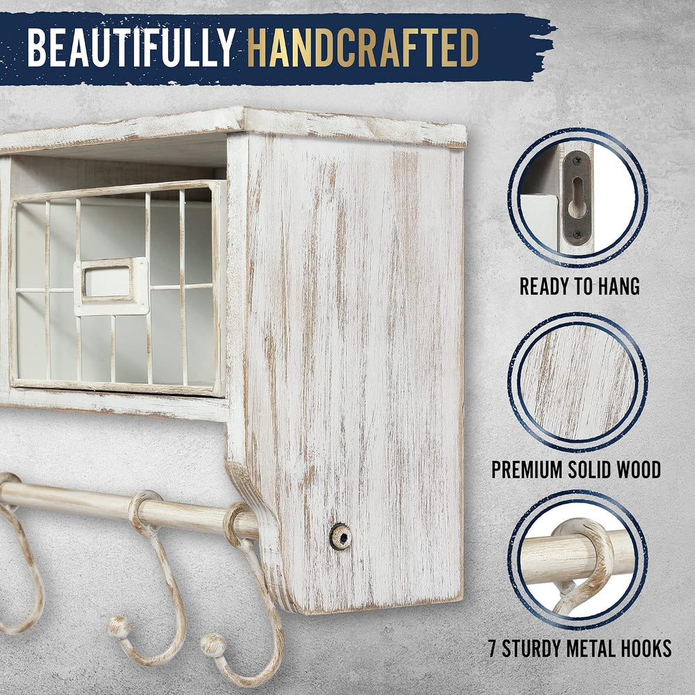 HBCY Creations Wall Mounted Shelf with Coat Hooks and Baskets, Solid Wood Ent...