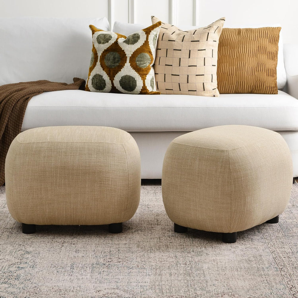 KINWELL 23" Wide Linen Blend Upholstered Ottoman Set of 2, Wheat