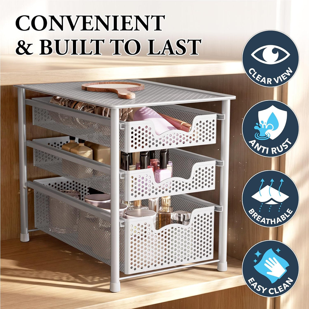 Simple Houseware 3 Tier White Alloy Steel Sliding Basket Organizer Drawer Cab...
