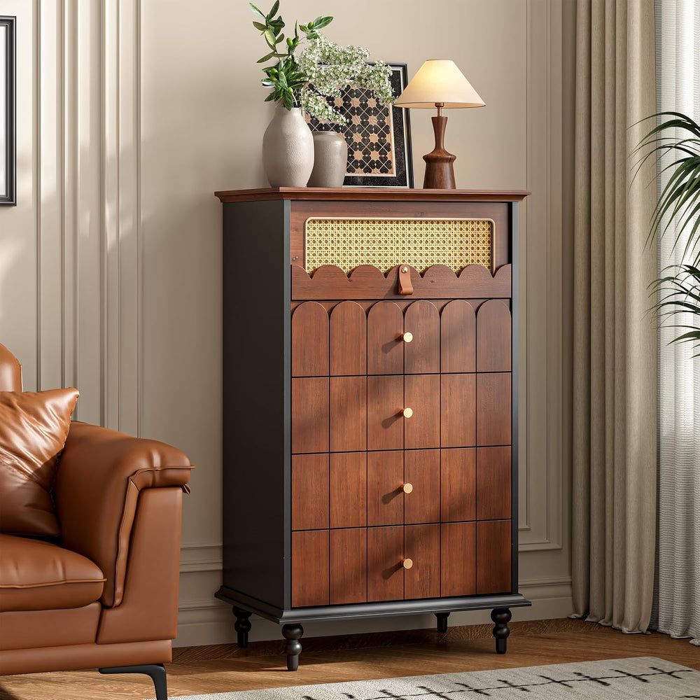 Vintage Wooden Storage Unit with Solid Wood Drawer Fronts and Rattan Accent, ...