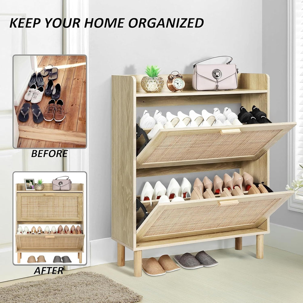 Finnhomy Extended Edition Shoe Cabinet with Natural Rattan Flip Drawers for E...
