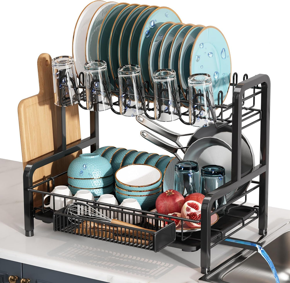 2 Tier Black Stainless Steel Dish Drying Rack for Kitchen Counter