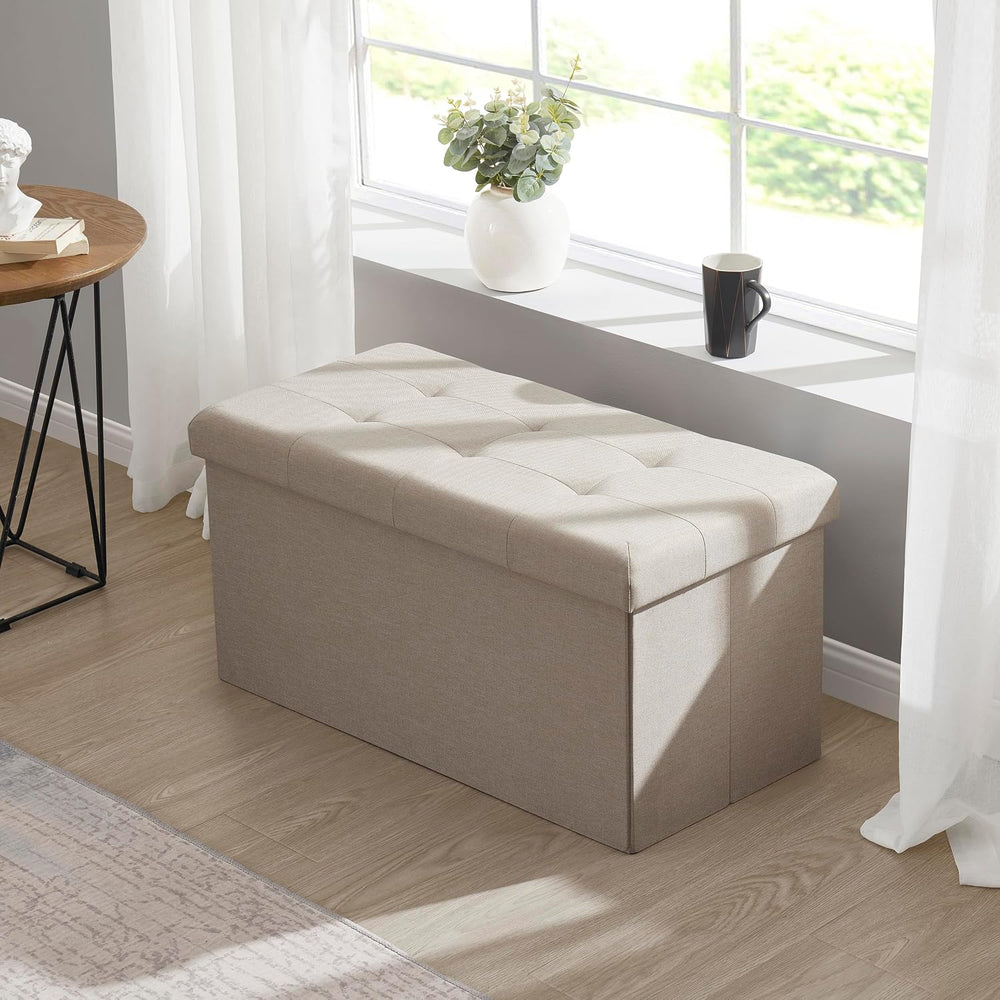 Ornavo Home 30 Inch Folding Storage Ottoman Bench, Tufted Linen, Beige