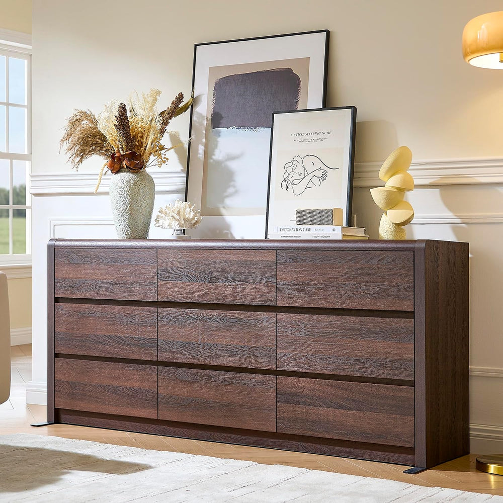 63” Wide Dresser for Bedroom, 9 Drawer Dresser, Walnut Dresser, Rounded Corne...