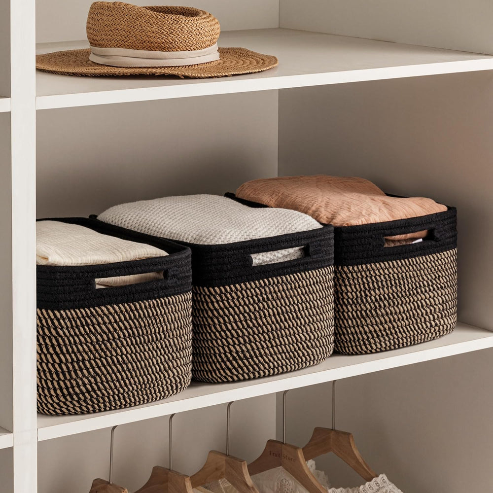 4 Pack Storage Baskets for Organizing, Shelf Baskets with Handles, Black&...