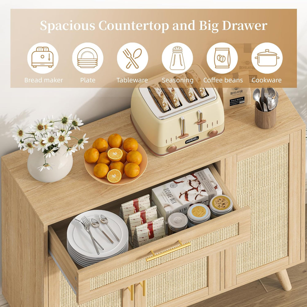 Kitchen Buffet Cabinet with 3 Doors, Rattan Storage Cabinet
