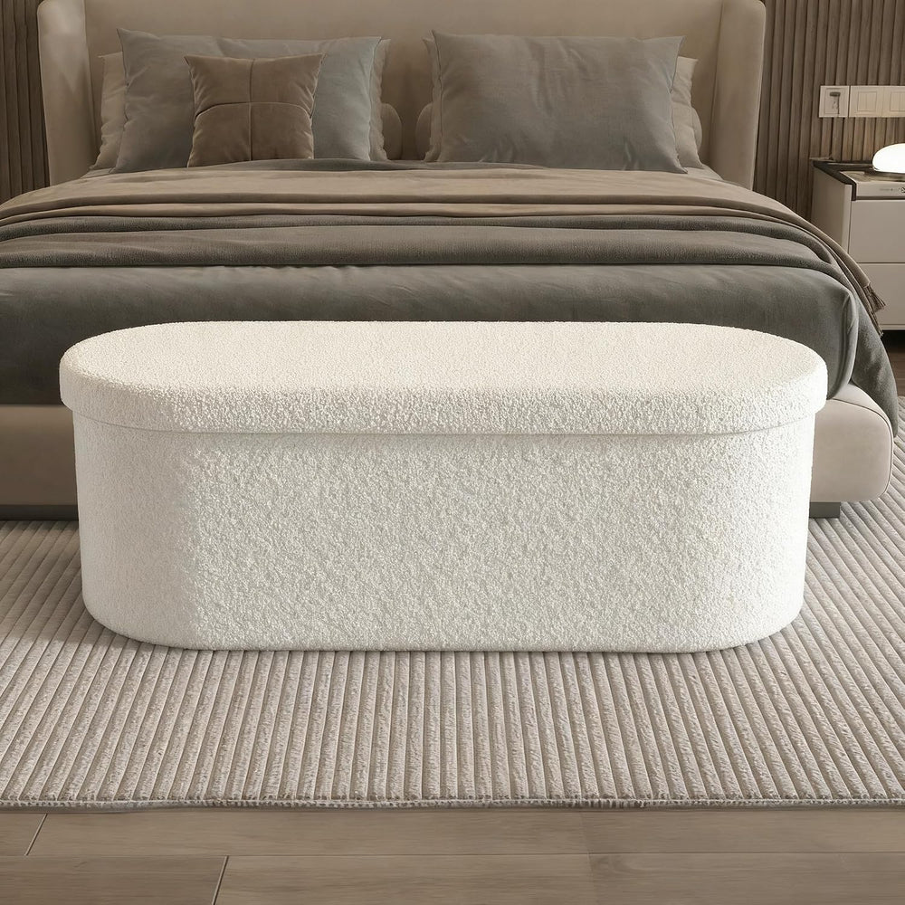 GLAXYFUR Oval Ottoman with Storage for Living Room, Sherpa Bench, Beige