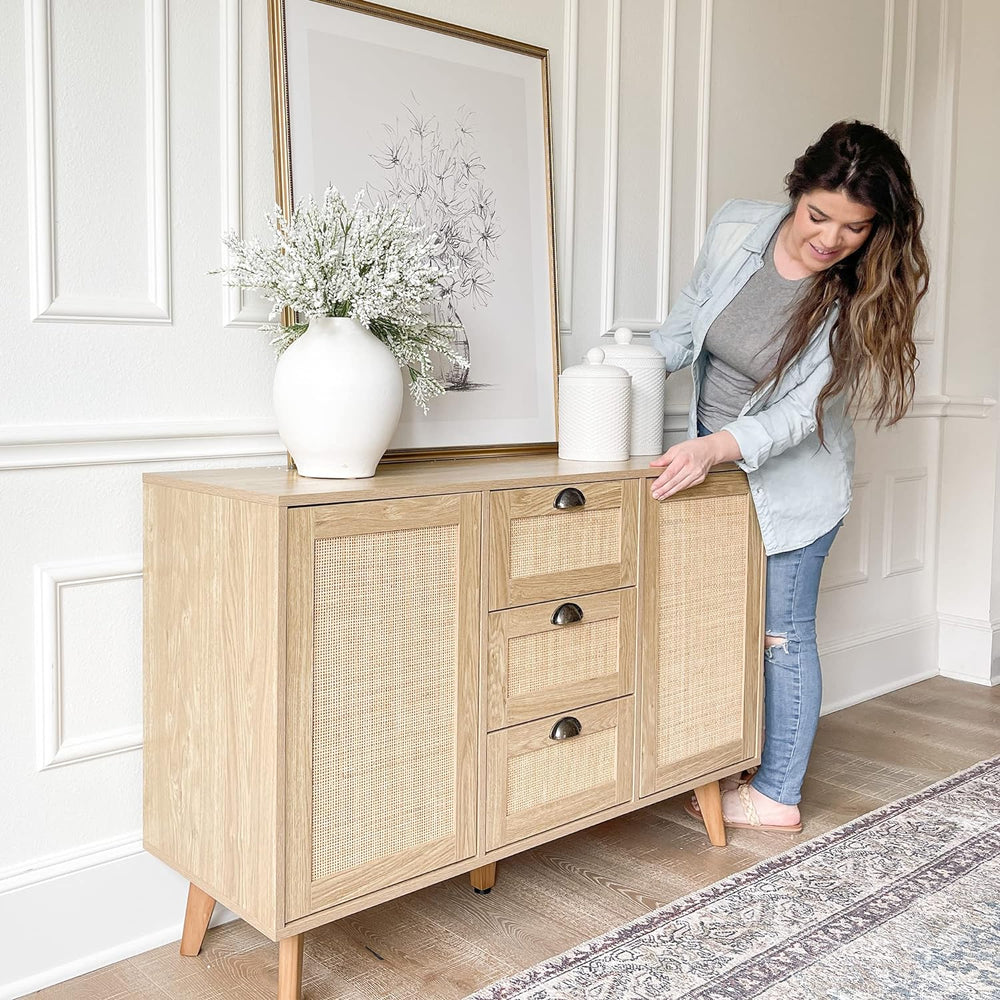 PHI VILLA Rattan Cabinet Sideboard, Buffet Cabinet with Storage