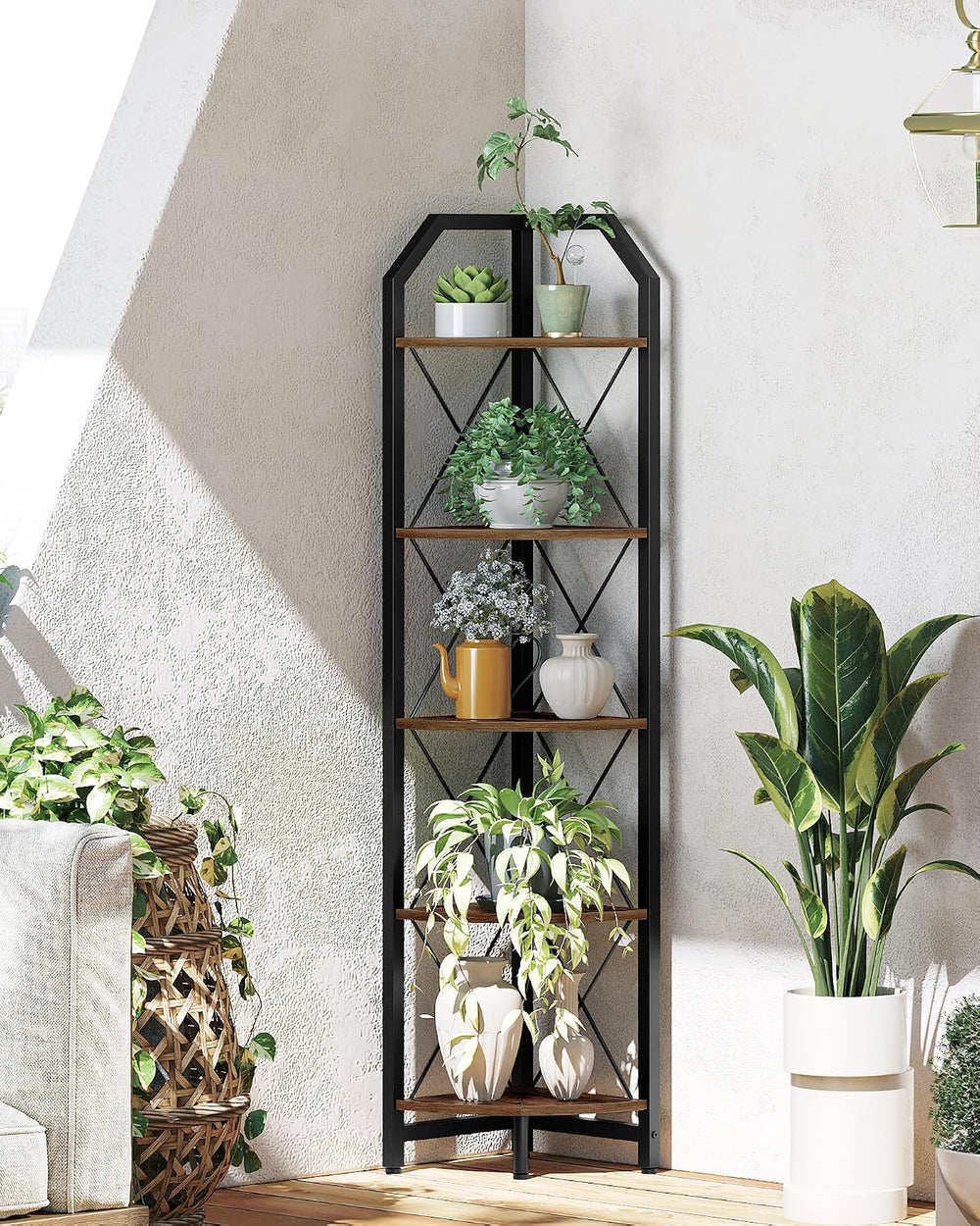 59.4" Corner Shelf, 5-Tier Industrial Corner Bookshelf, Corner Storage S...