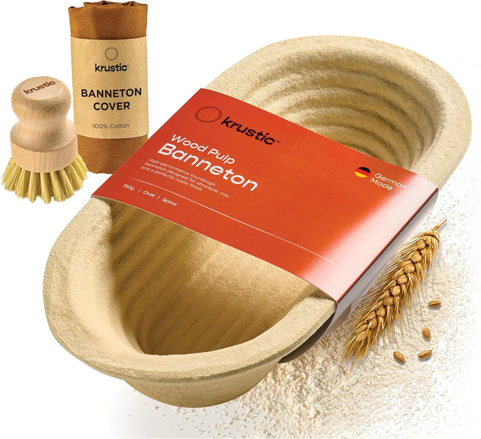 Krustic Banneton Bread Proofing Basket - 750g Oval Sourdough Baking Wood Pulp Bowl - Arisan German Handcrafted Oval Brotform Set with Washable Cotton Cover and Brush - Sour Dough Loaf Supplies