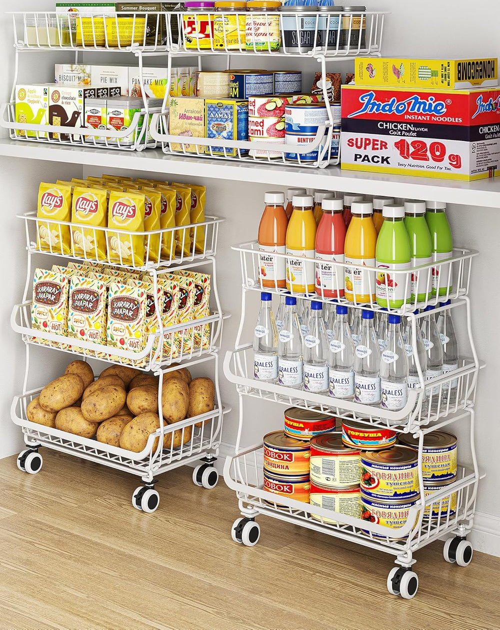 OKZEST 3-Tier Rolling Pantry Floor Organizers and Storage Cart with Wheels