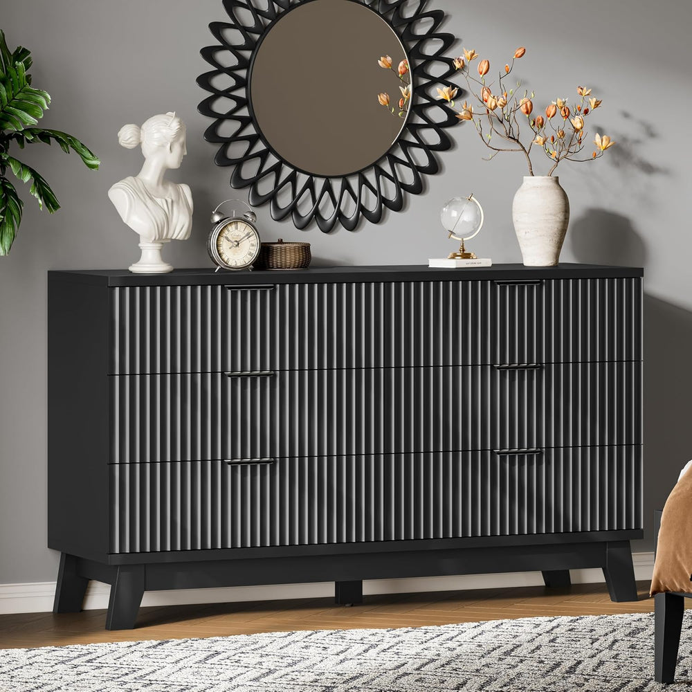 Fluted Dresser with 6 Drawers, Wooden Dresser TV Stand, Wood Closet Clothes