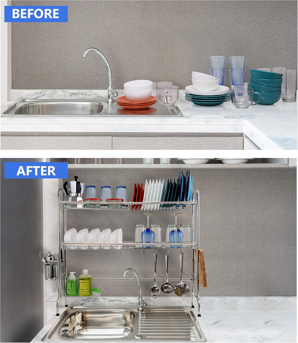 2 Tier Over The Sink Dish Drying Rack, Large Kitchen Counter Utensil Drainer ...