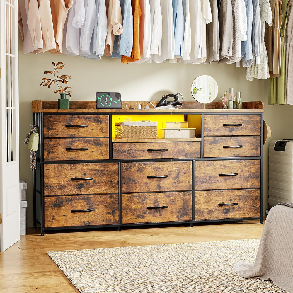 EnHomee LED Dresser for Bedroom with Charging Station,11 Drawers & 4 Hooks