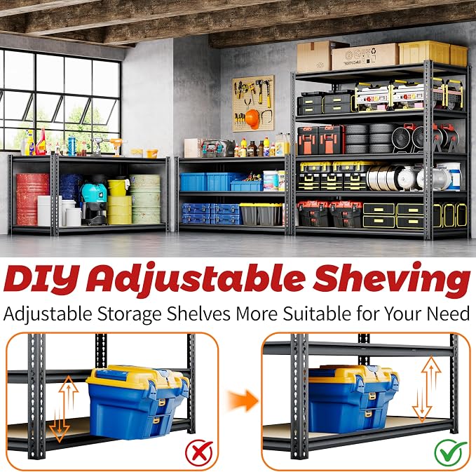 48"W Garage Shelving, 3050LBS Storage Shelves heavy duty, 5 Tier Metal S...
