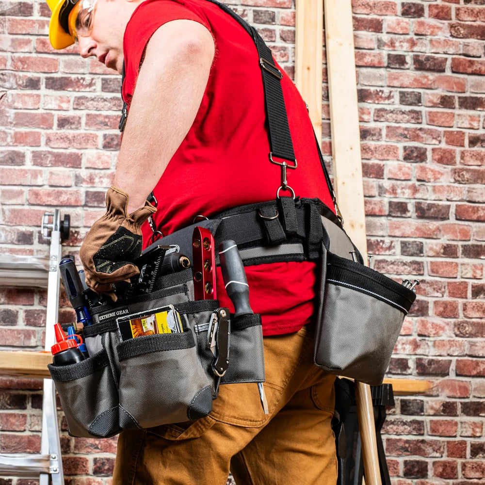 Bucket Boss Mullet Buster 3 Bag Tool Belt with Suspenders in Grey, 55135, Bla...