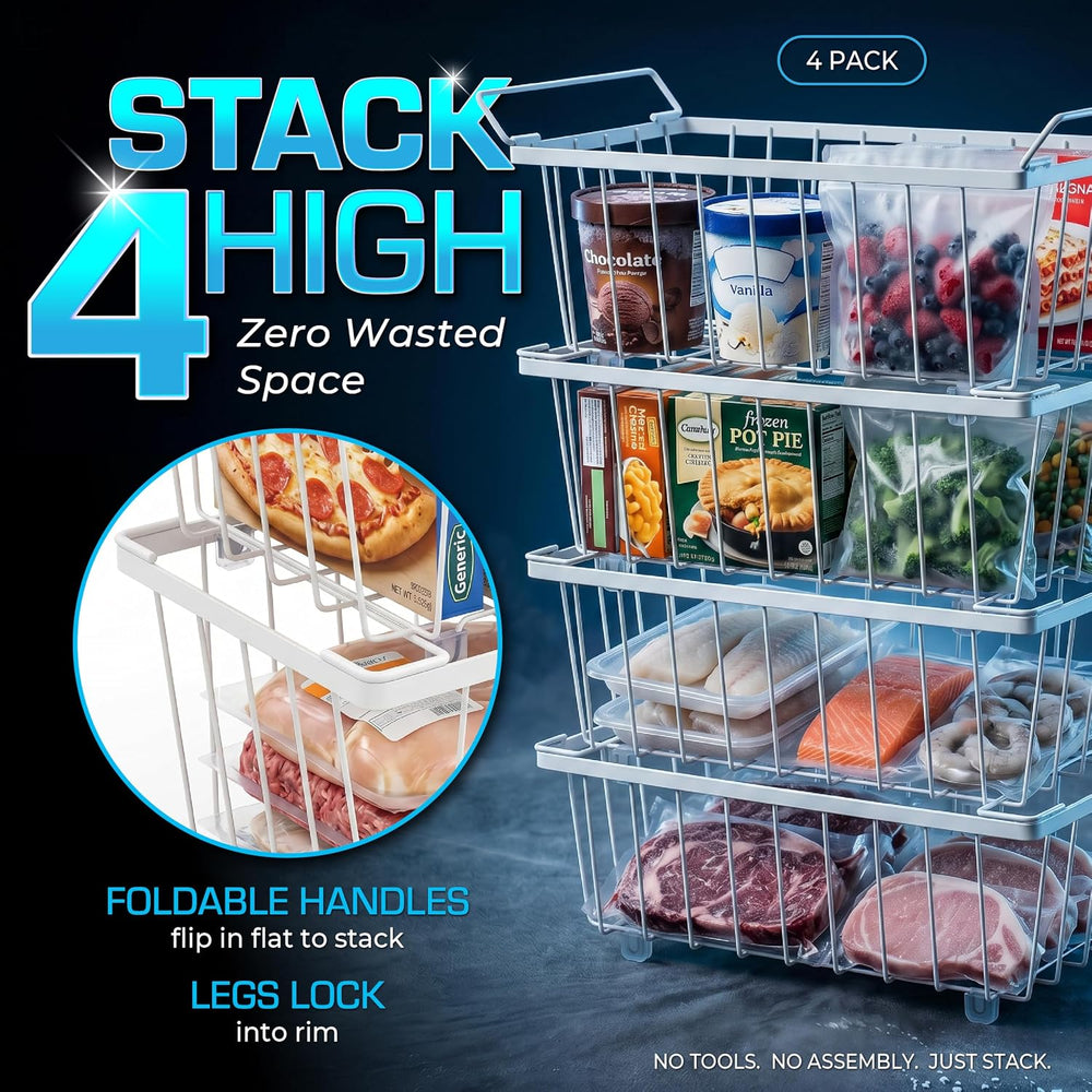 Deep Freezer Organizer Bins 4-Pack White with Portable Heat Sealer & Reus...