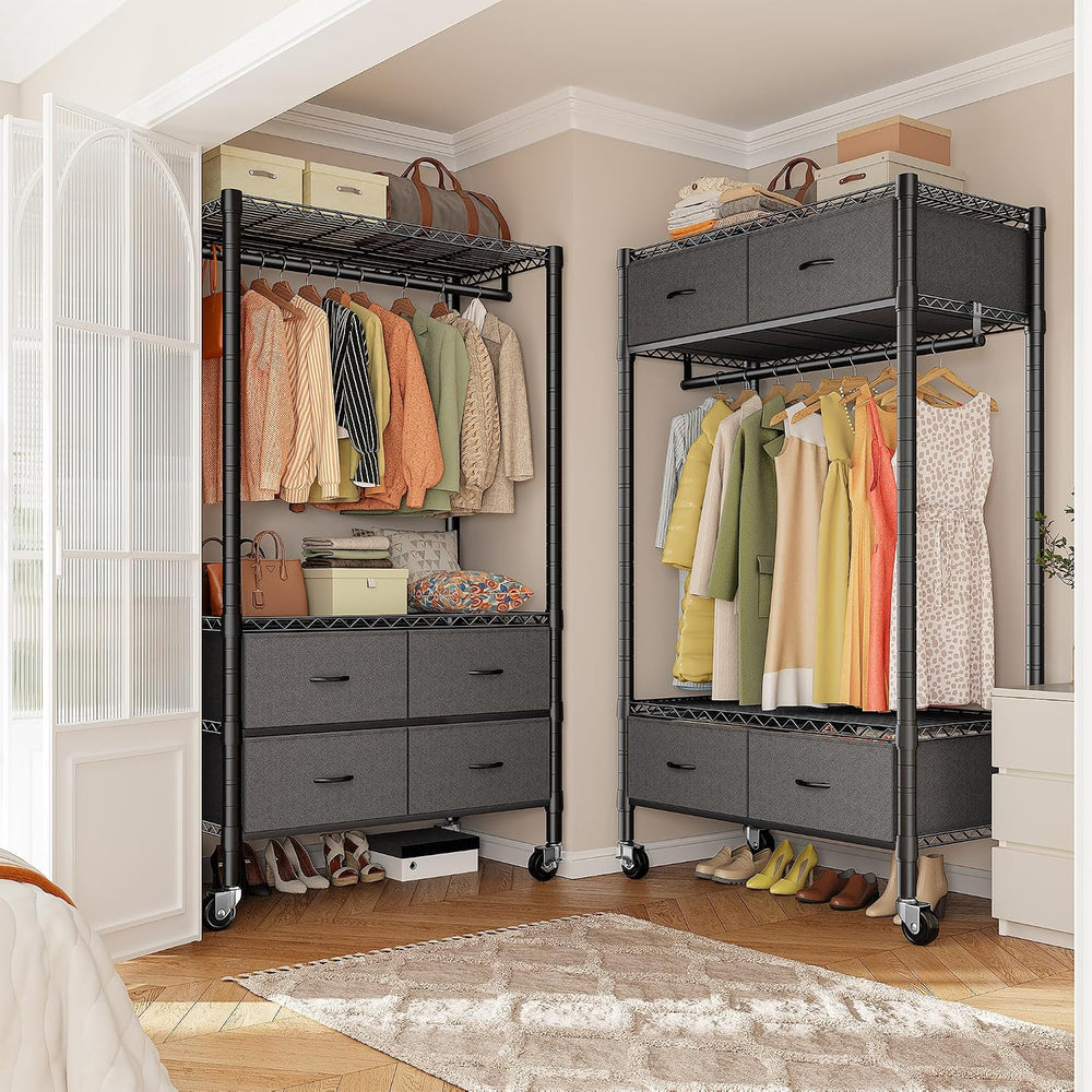 Raybee Rolling Clothes Rack, Portable Closet, 4 Drawers 4 Shelves, 450LBS