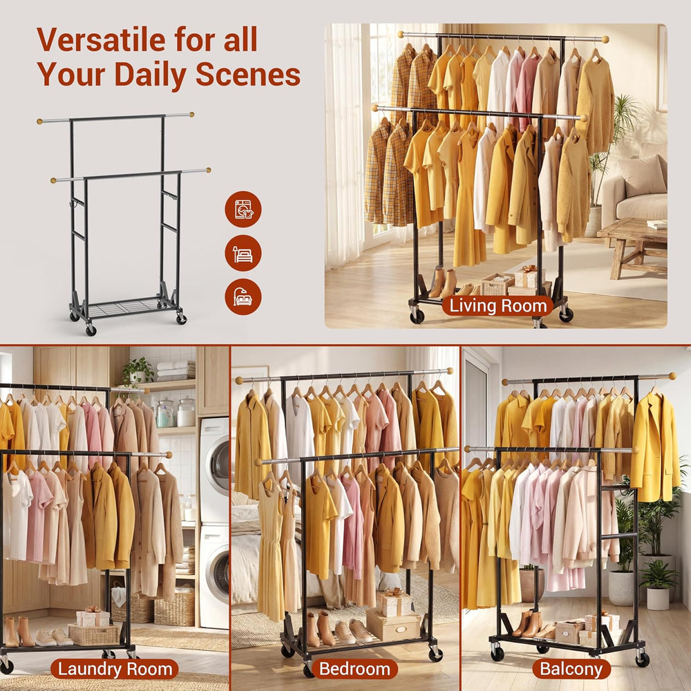 Rolling Garment Rack - Double Rod Clothes Rack with Lockable Casters, Mesh St...