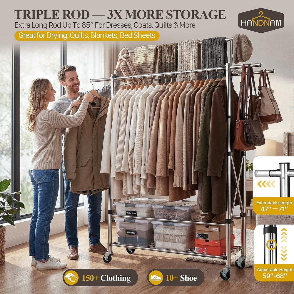 Foldable Heavy Duty Clothes Rack for Hanging Clothes, 71 Inch 3-Rods
