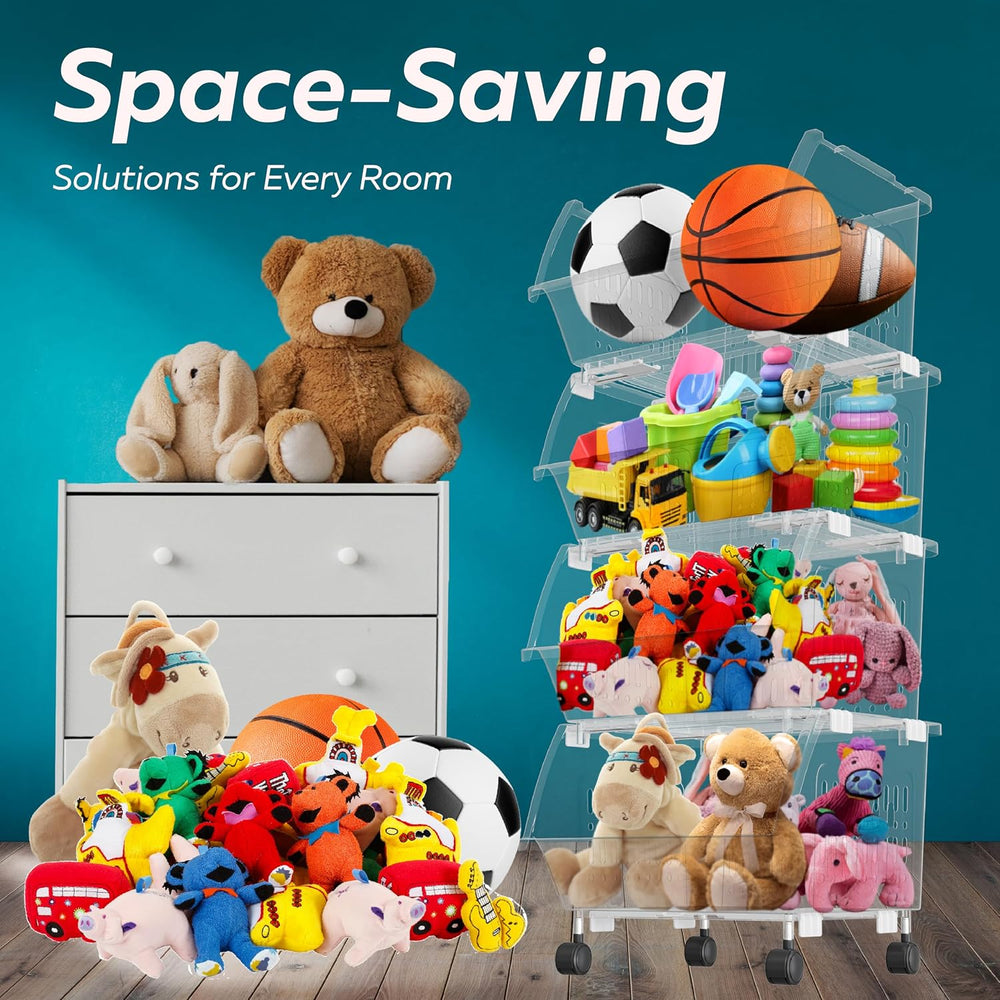 Large Stackable Storage Bins Open Front with Wheels, 4 Pack - Clear