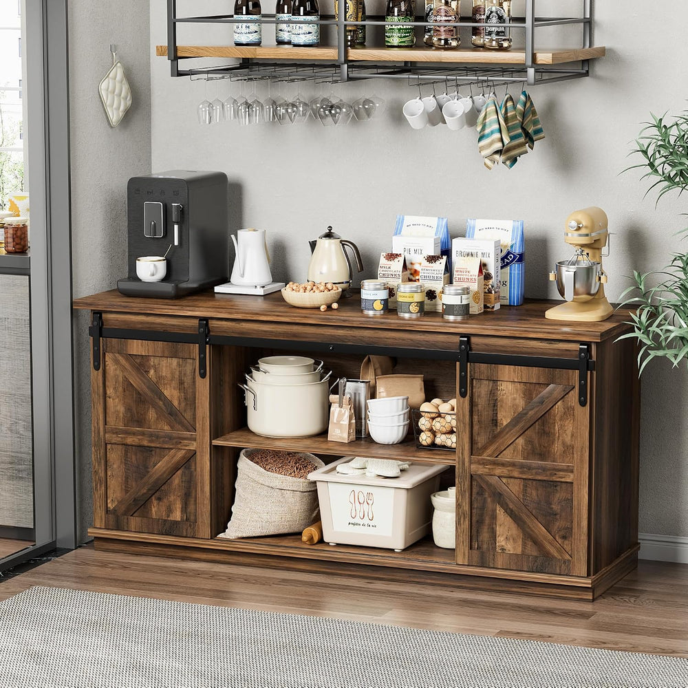 Shahoo Farmhouse Sideboard Buffet Cabinet, Coffee Bar Storage with Sliding Ba...