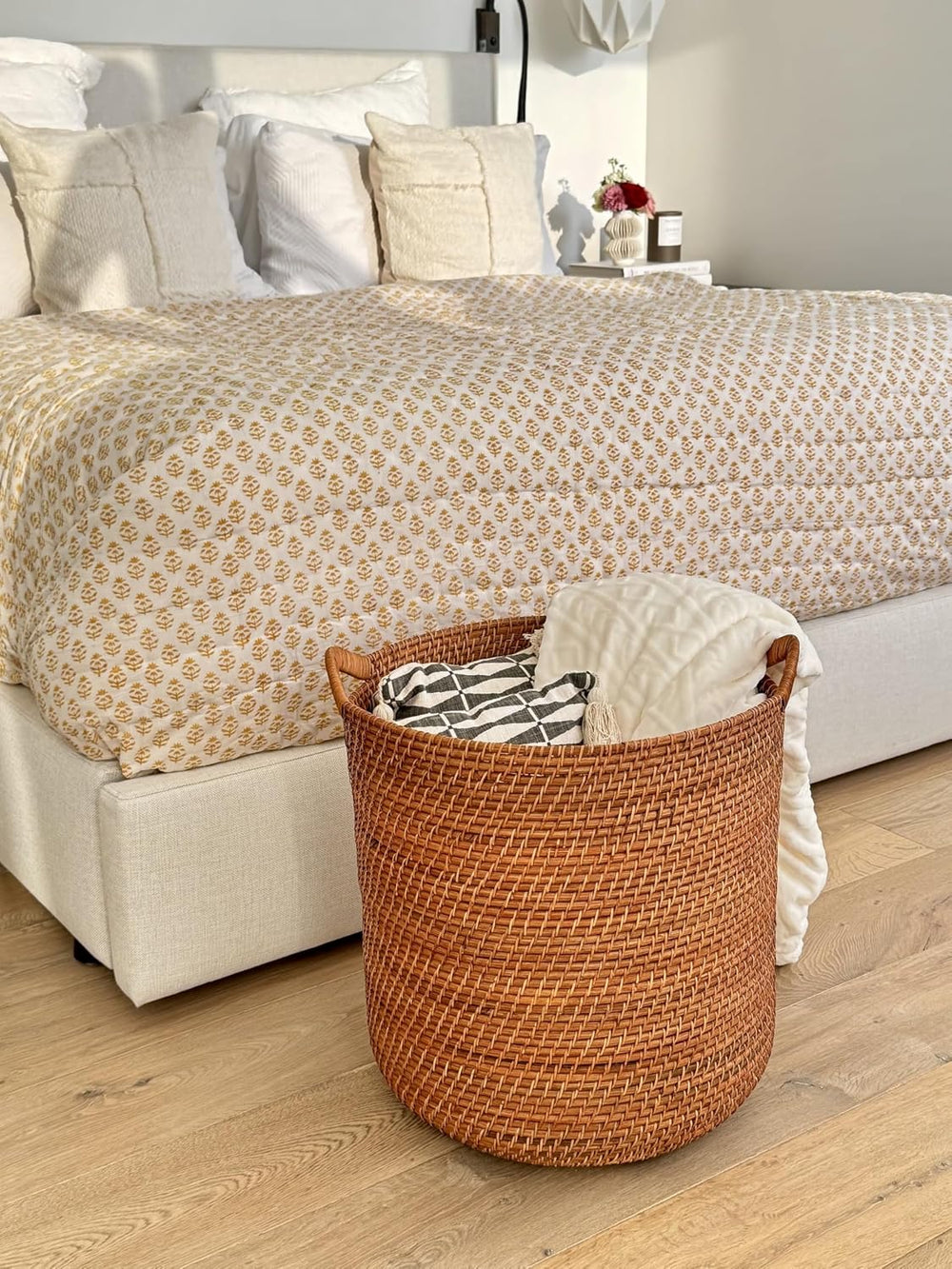 KOUBOO Laguna Round Rattan Storage Basket, Ear Handles, Large, Honey Brown