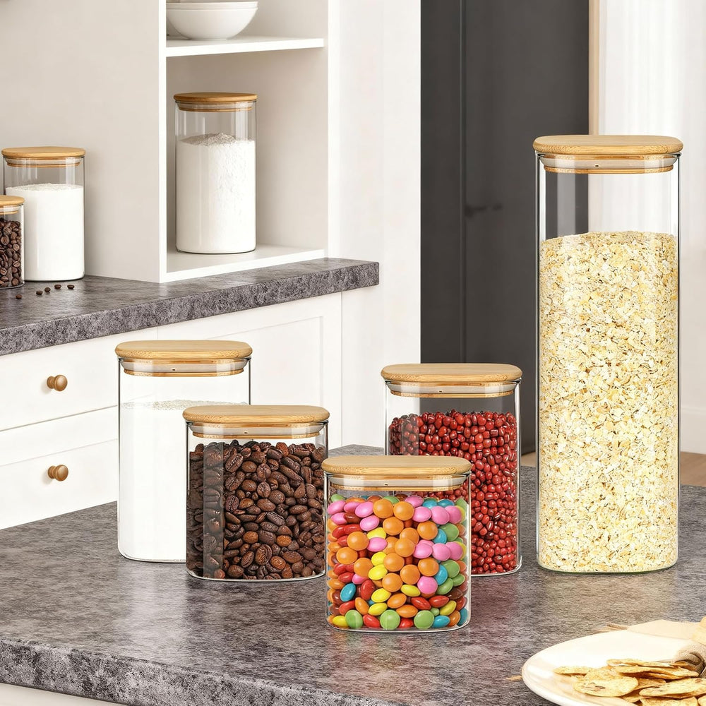 Glass Storage Containers with Airtight Bamboo Lids Muti Size Set of 5,Pantry ...
