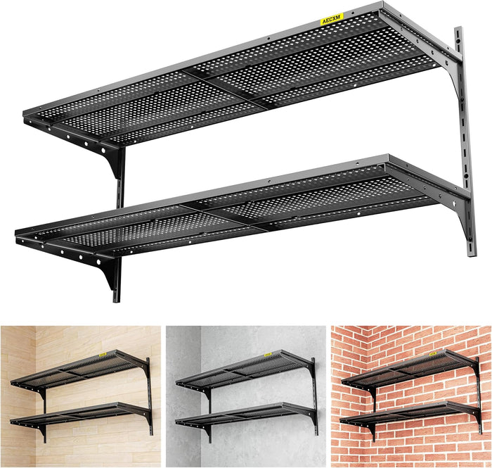 Aecxm 1pack×2 Tier 1.3x4ft Garage Shelving Wall Mounted, 260lbs Load Capacity，15.6x48inch per Shelf Height Cassette Adjustable Floating Shelves, Black