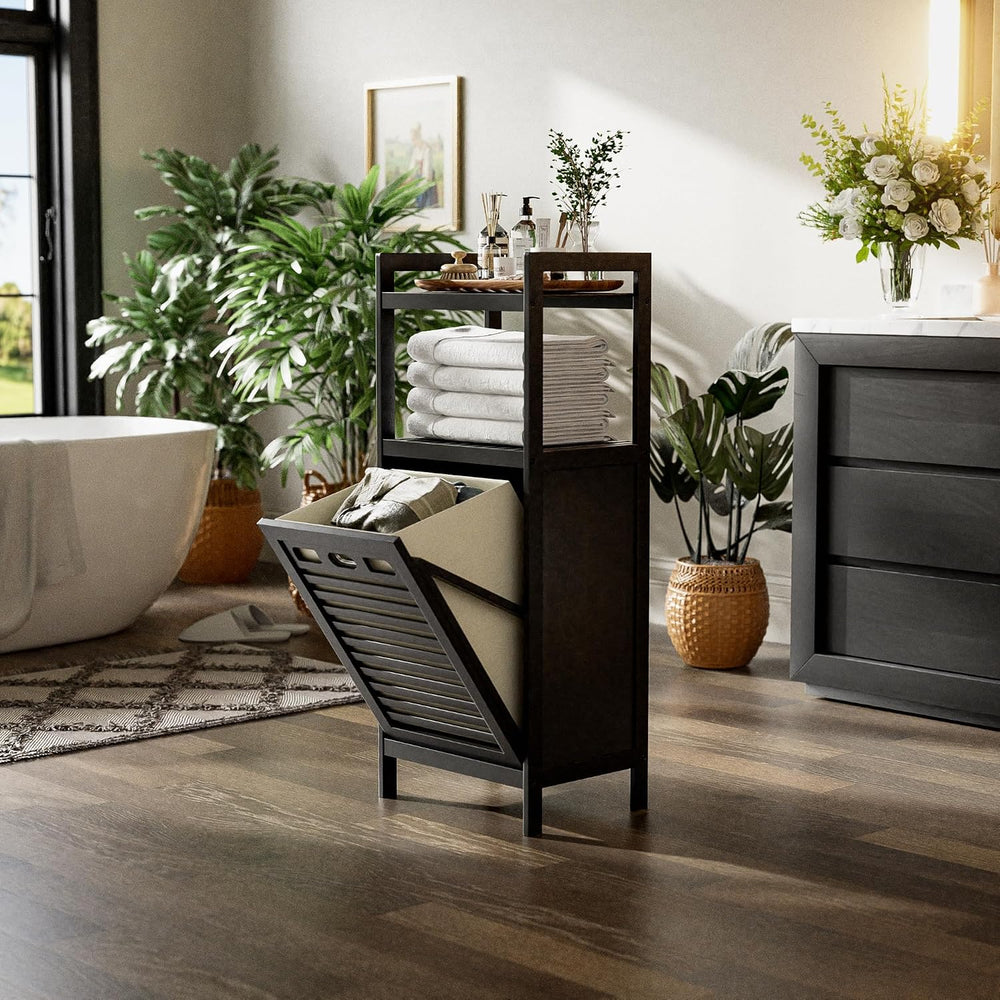 HITNET Tilt Out Laundry Hamper, Bamboo Bathroom Cabinet with Pull Out Removab...