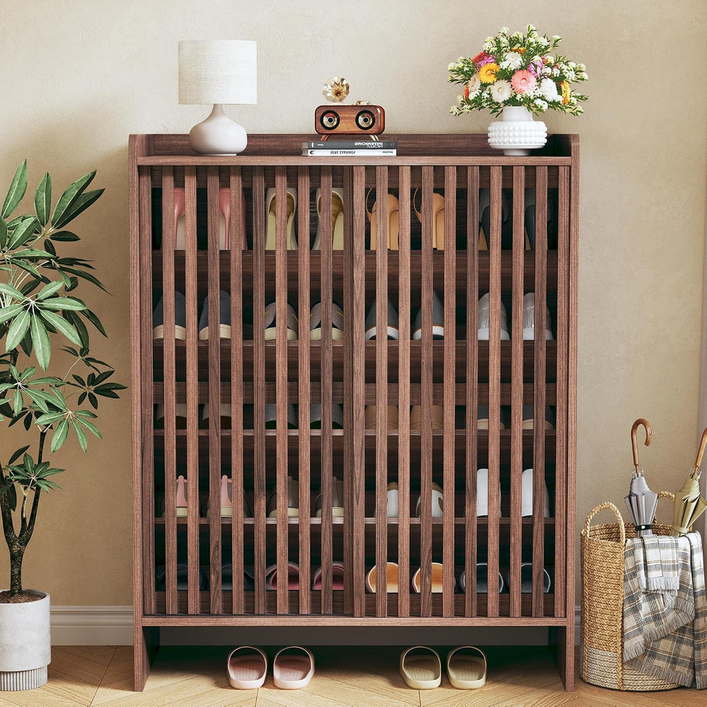 HUAHUU Shoe Cabinet with Sliding Slatted Doors, 5-Tier Shoe Storage Cabinet w...