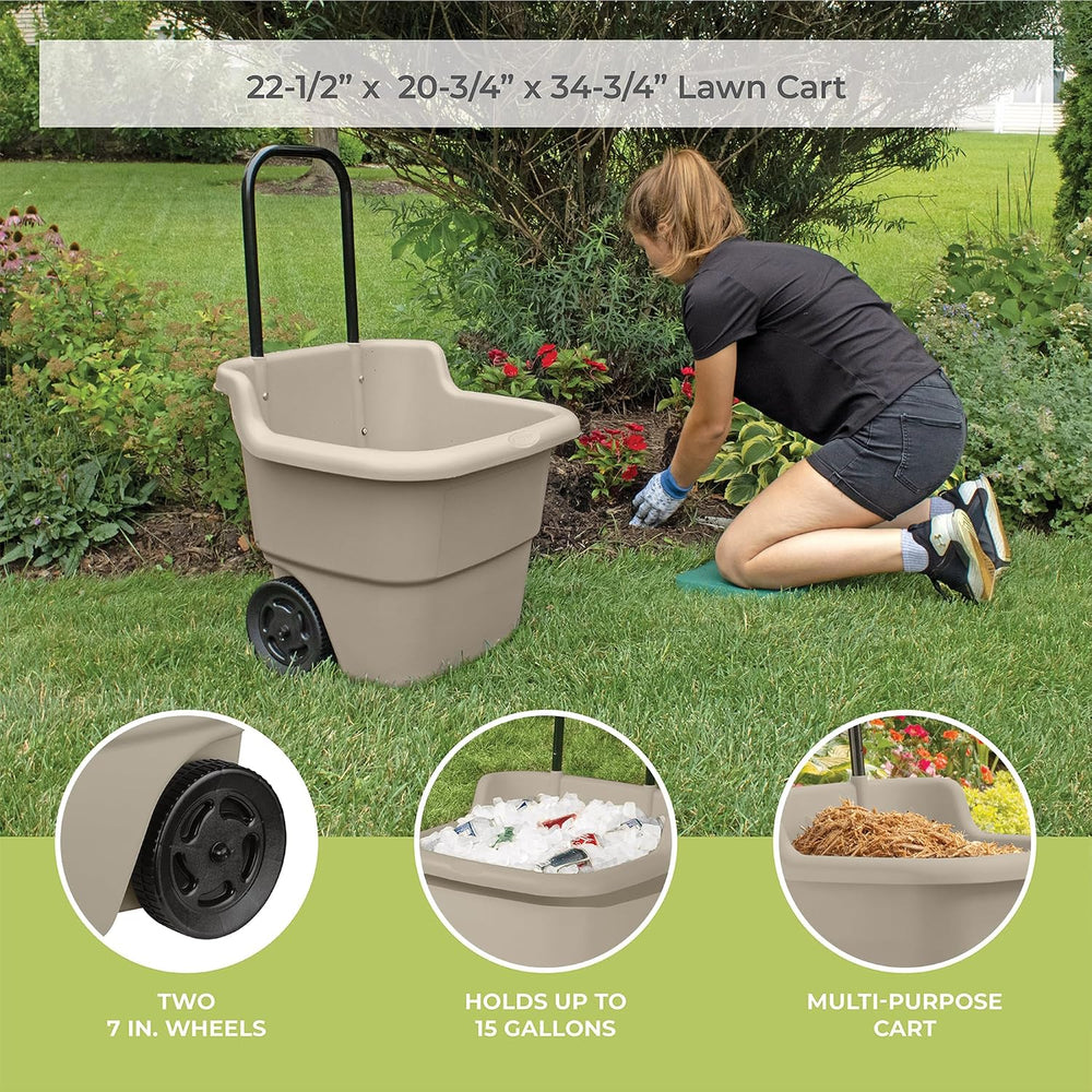 Suncast Garden Cart on Wheels, Taupe 15.5-Gallon Resin Outdoor Utility Yard C...