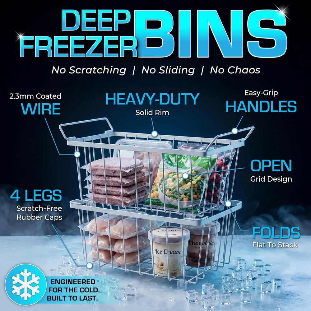 Deep Freezer Organizer Bins 4-Pack White with Portable Heat Sealer & Reus...