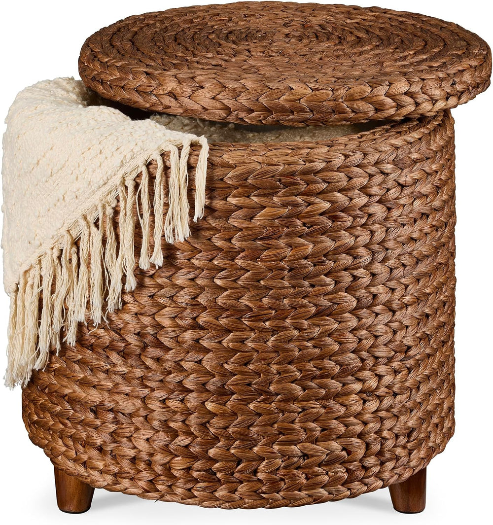 Best Choice Products 17" Round Storage Ottoman W/Lid, Handwoven Water Hy...