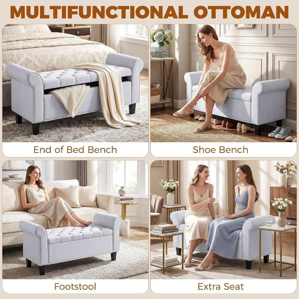 HOMCOM 47" Storage Ottoman End of Bed Bench with Rolled Arms Light Gray