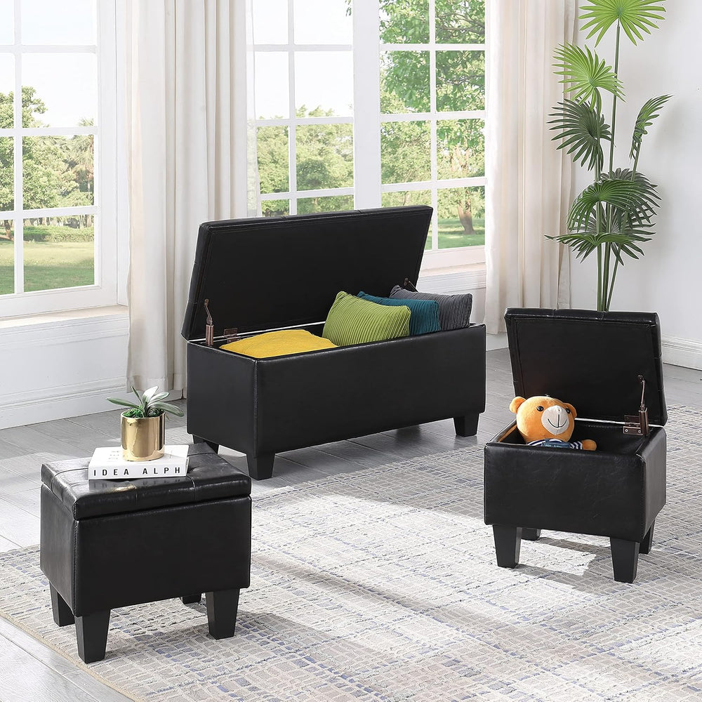 PU Leather Storage Ottomans Set of 3, Tufted Upholstered, Black