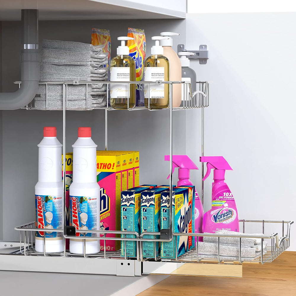 Simple Houseware 2-Tier (L+L) Pull Out Under Cabinet Sliding Shelf, Chrome