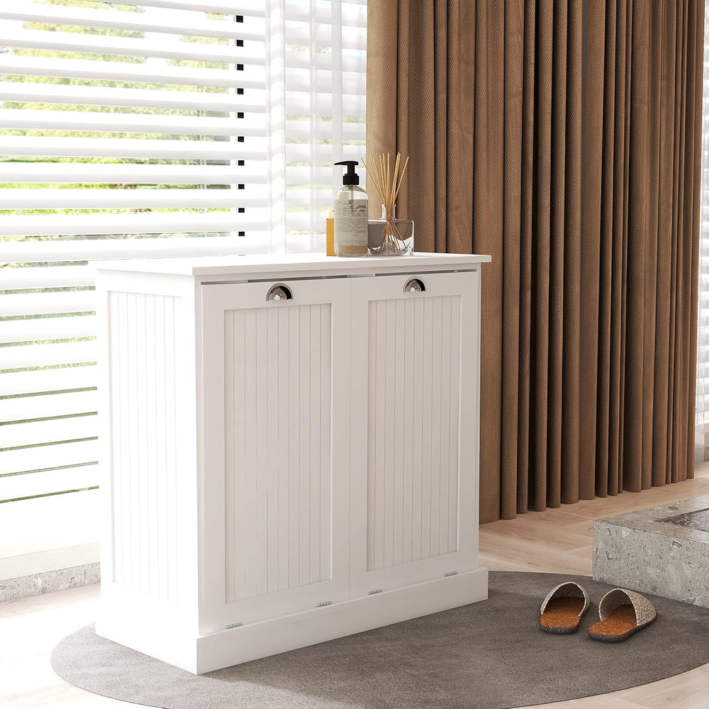 RASOO Double Tilt Out Trash Cabinet White Free Standing Laundry Sorter Cabine...