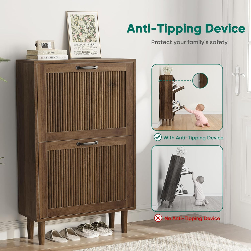 Smuxee Walnut Shoe Cabinet with 2 Flip Drawers, 23.6" Hidden Shoe Storag...