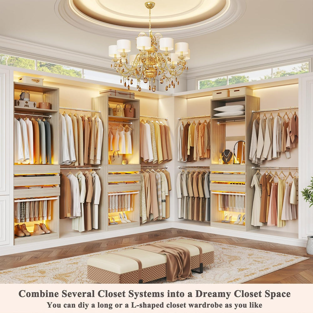 Closet System, 4-8 FT Closet Organizer with 3 Wood Drawers & Glass Top, Oak