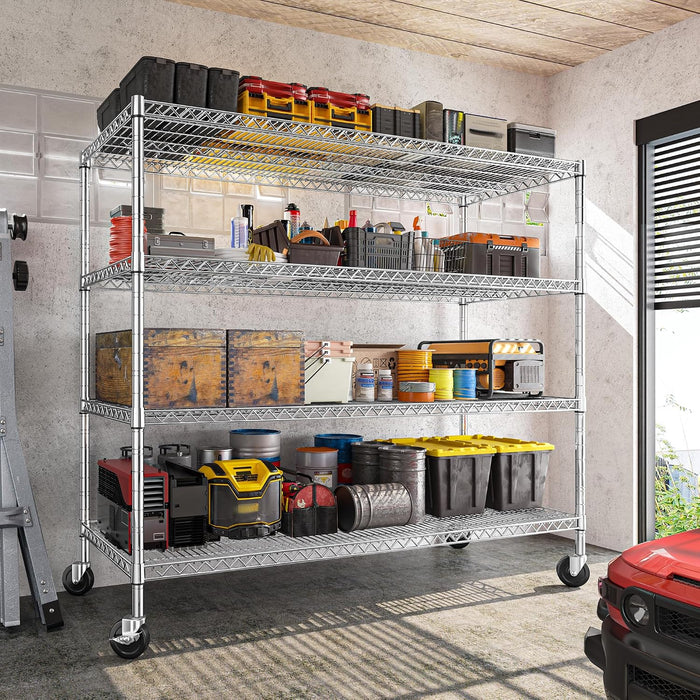 REIBII Set of 2 Storage Shelves Metal Shelving with Wheels,Adjustable Wire Shelving Rack 75.6" H Heavy Duty Garage Shelving Unit for Kitchen Pantry,Commercial Industrial Shelving for Garage 2PCS