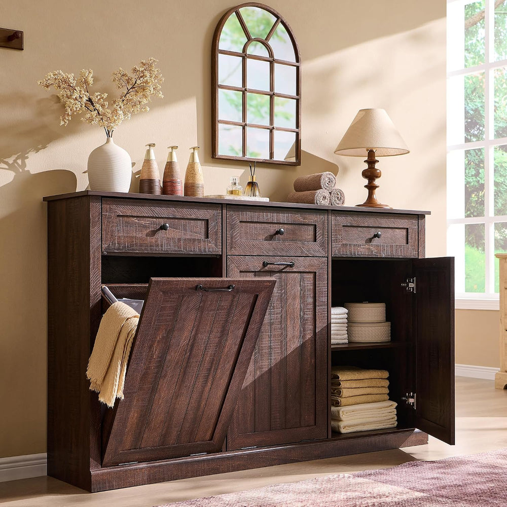 IFBUY Triple Tilt Out Laundry Hamper Cabinet, Trash Cabinet, Brown