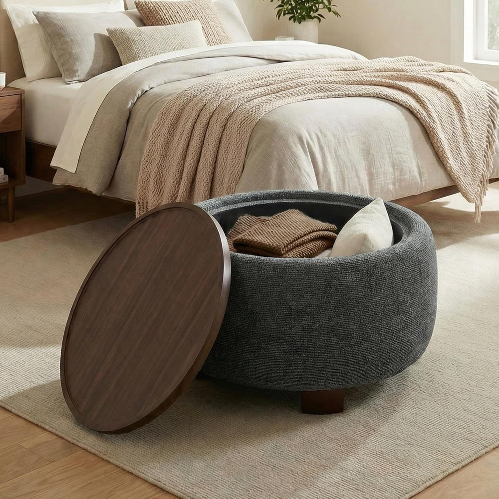 VKNOW 30 Inch Fabric Round Storage Ottoman with Wood Lift-Off Lid, Black