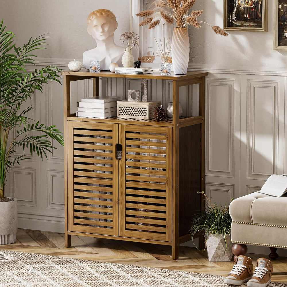 HITNET Bathroom Storage Cabinet, Bamboo Floor Cabinet with Double Doors and O...