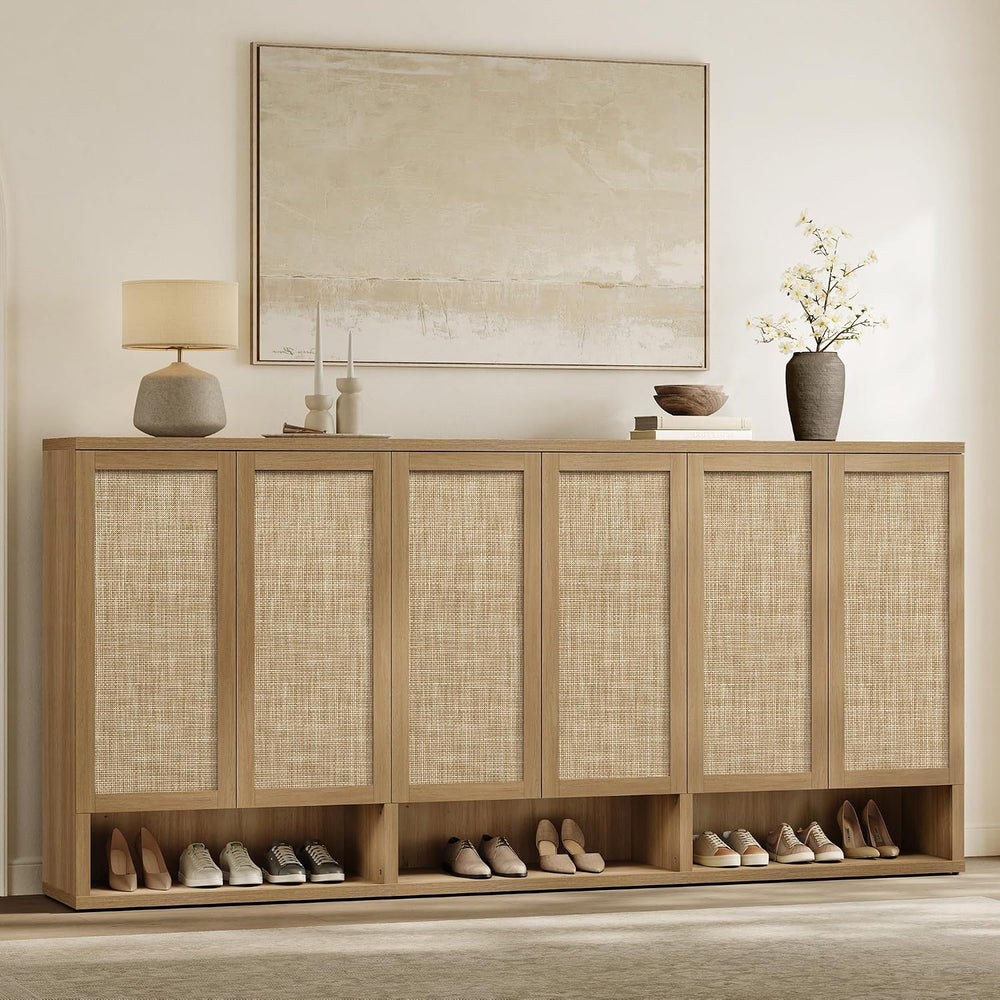SICOTAS 96.8" Wide Tall Rattan Shoe Storage Cabinet for Entryway with Doors