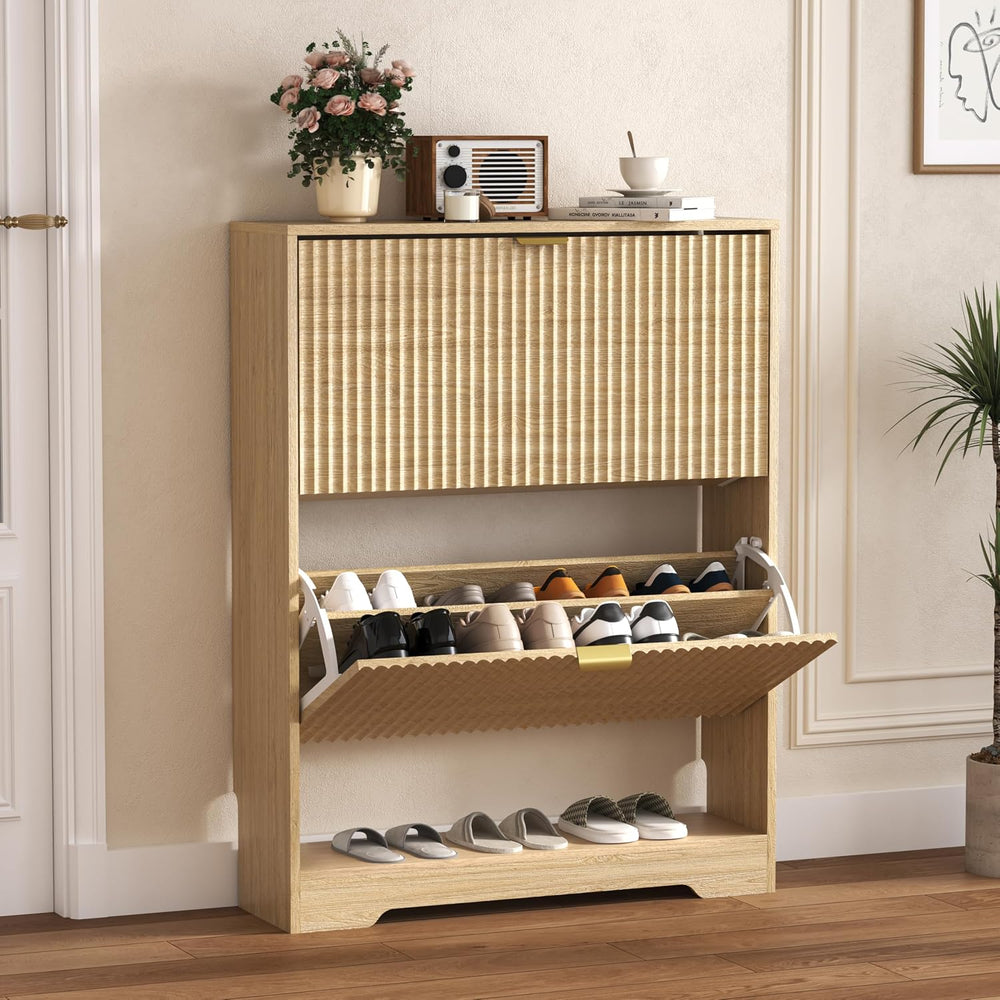 HUANLEGO Shoe Cabinet Storage for Entryway with 2 Flip Drawers, Fluted Shoe C...