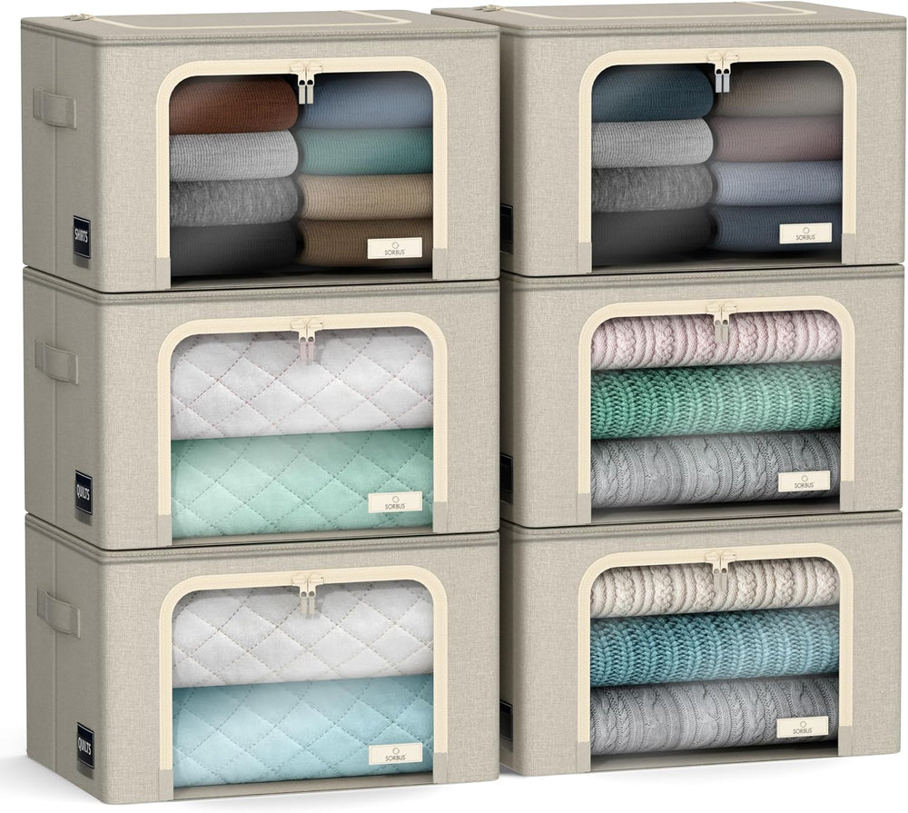 Sorbus Clothes Storage Bins with Metal Frame, Clear Window (6 Pack, Beige)