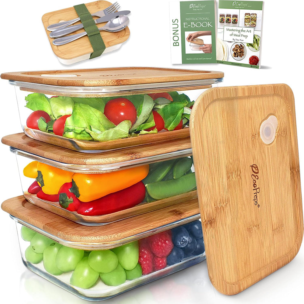 EcoPreps Patented Glass Meal Prep Containers with Bamboo Lids, 3 Pack, 36oz
